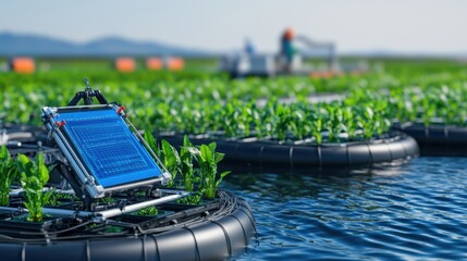 Innovative aquaponics farming technology floating gardens agricultural innovation water environment aerial view sustainable practices