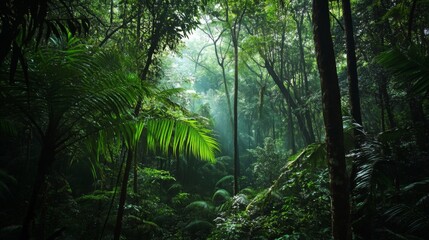 Lush Green Rainforest with Sunlight Beams