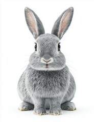 Obraz premium A fluffy gray rabbit with long ears sitting against a white background.