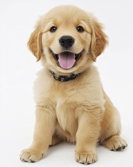 A cute golden retriever puppy sitting and smiling against a white background.