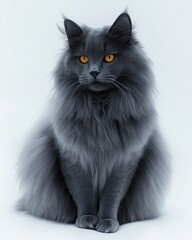 Fototapeta premium A majestic gray cat with bright orange eyes sitting gracefully against a light background.