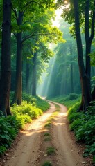 Obraz premium A sandy road leads into the heart of the forest, trees, undergrowth