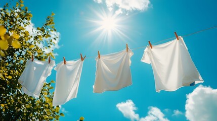 Fresh White Clothes Gently Swaying on Clothesline Under Bright Blue Sky and Soft Sunlight