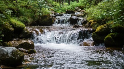Fast Flowing Stream Over Mossy Rocks in Lush Green Forest