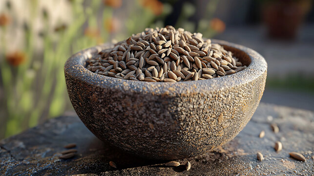 mortar filled with cumin seeds
