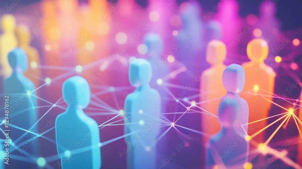 Poster colorful 3d avatars connected by glowing network lines create a vibrant digital social media environ