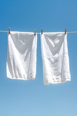 Crisp White Towels Fluttering on a Clothesline Under Clear Blue Sky