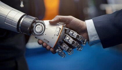A handshake between a human and a robot partner, representing collaboration and innovation in technology