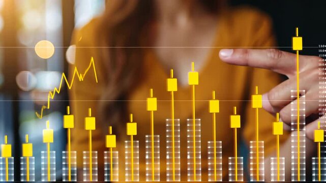 A sleek image of a reporter gesturing to a digital display, showcasing sharp spikes in gold prices through vibrant graphs.