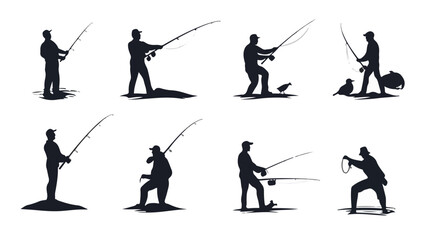 Fisherman catch fish. Fishing illustration. Flat vector illustration. Colorful and Black silhouettes of fishing with his dad son, vector Art & Illustration © RASEL