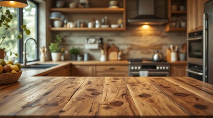Modern wooden kitchen with smooth wood textures, soft natural lighting, and a cozy, inviting atmosphere.
