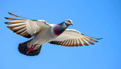 flying speed racing pigeon bird against clear blue sky, professional photography. with white shades
