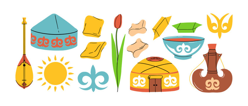 Kazakh national elements, ornaments hand drawn color Nauryz set