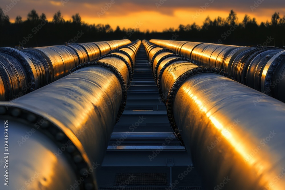 Poster long pipelines stretch across the landscape as the sun sets, showcasing industrial design with metal