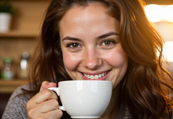 Smiling Woman Holding a Cup of Coffee &ndash; Close-Up Portrait