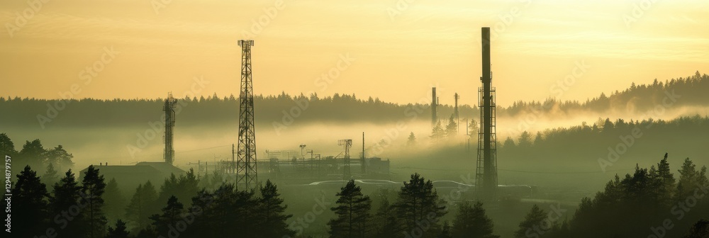 Poster exploring eco friendly natural gas infrastructure in a misty green forest at dawn. generative ai