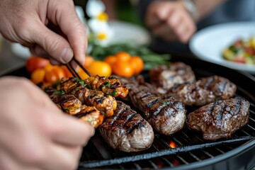 A close-up view of skewers with grilled meat and vegetables sizzling on a barbecue grill, highlighting the vibrant colors and enticing aromas of outdoor dining.