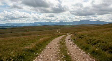 Winding Country Road Through Hills and Fields Under Cloudy Sky in Rural Landscape