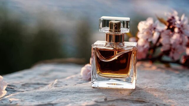 Elegant perfume bottle on a sunlit surface, captured in a close-up angle. Soft focus background adds a dreamy feel, perfect for a luxury video ad.