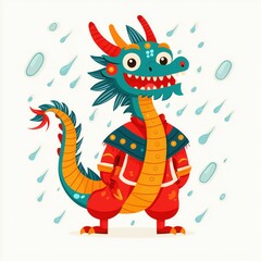 Fototapeta premium Refreshing Summer Rain Umbrella in Hand as Flooded Streets and Puddles Reflect the Rainy Day Weather, Cafes and Street Scenes with Sunlight Breaking Through Rain Clouds,dragons