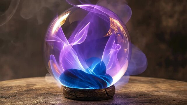 Witness the ethereal beauty of a glass ball, aglow with a mesmerizing purple flame, a symbol of enchantment. Ai Generated.