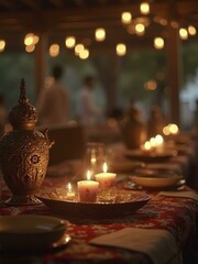Elegant Ramadan Iftar Table with Silverware, Brass Teapot, and Lit Candles