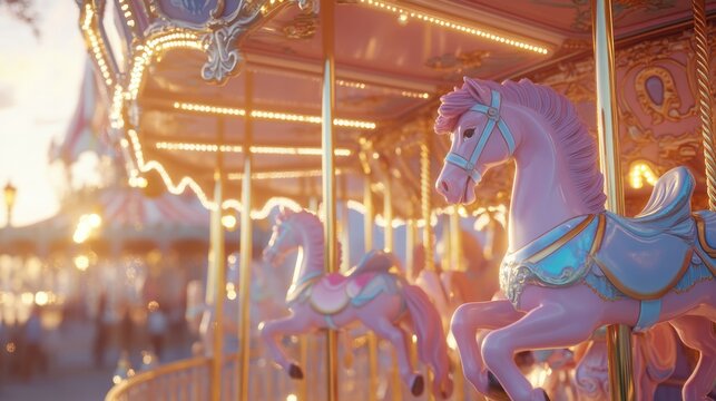 Pink Carousel Horse at Sunset: Golden Lights and Fairytale Charm