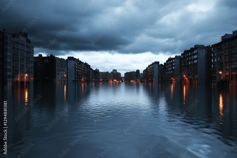 Poster urban landscape submerged in floodwaters with rooftops visible against dramatic sky. generative ai