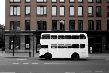 Obraz premium A vintage white double-decker bus stands elegantly in front of a modern brick building, showcasing the contrast between classic transport and contemporary architecture.
