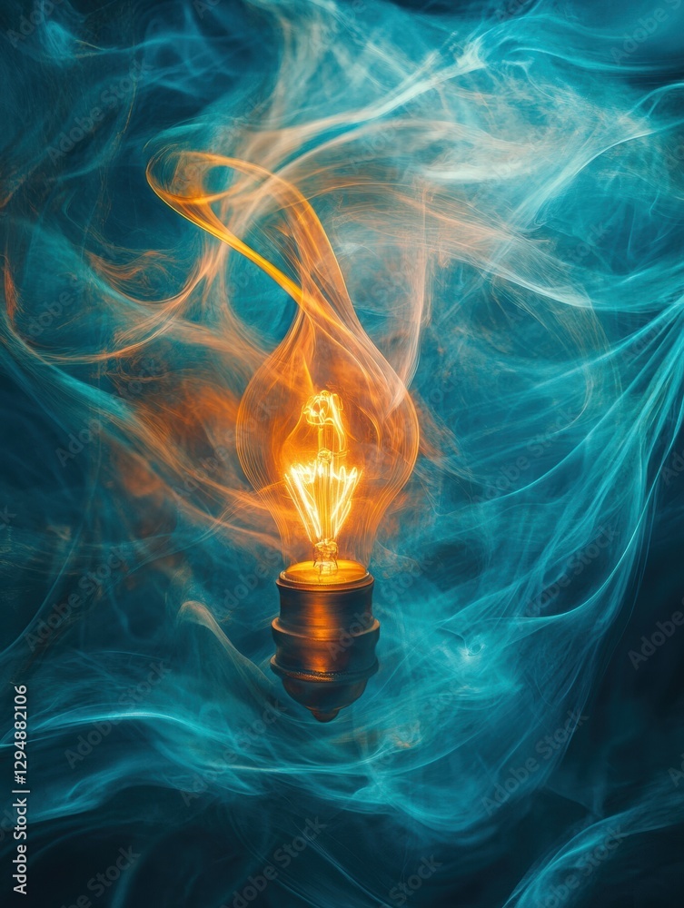 Poster glowing gas lamp illuminates swirling smoke in a mystical environment at dusk. generative ai