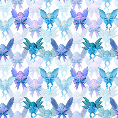 Beautiful colourful eggs with wings and beautiful bows on a white background, seamless pattern. Watercolor digital illustration. For fabric, textiles, wallpaper, wrapping paper, covers, prints
