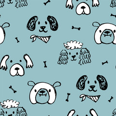 Doodle dog seamless pattern. Blue childish background.