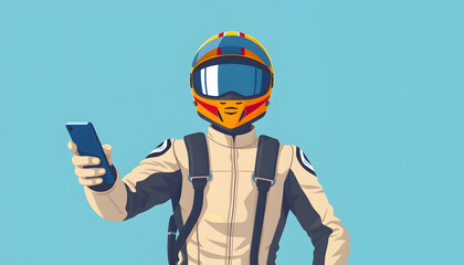 Racer with a helmet holding a phone a smart phone and pointing, flat design. with white shades