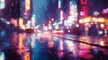 Obraz premium Rainy Night City Street with Bright Neon Lights