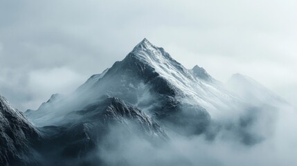 Snow Covered Mountain Peak in Foggy Landscape