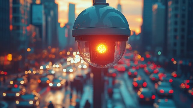 CCTV camera on the street with cars in traffic, city background at sunset. Security system for the control of moving vehicles and people.