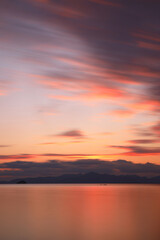 sunset on the beach. Seaside town of Turgutreis and spectacular sunsets. Selective Focus. Long Exposure shoot. tranquility scene.