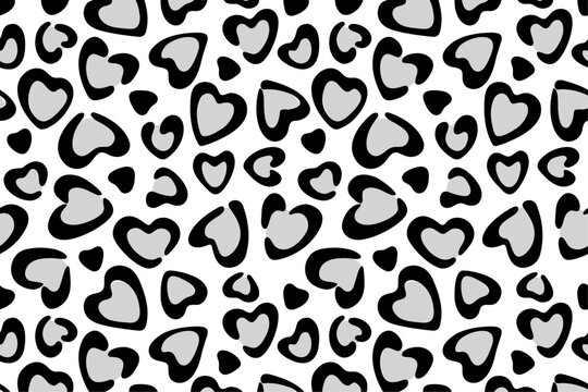Hand drawn heart shaped leopard print background with monochrome, Transparent black animal print, Happy Valentine's Day