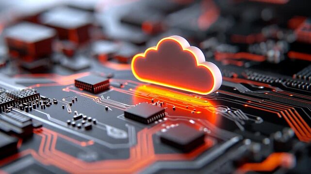 Illuminated cloud icon on circuit board, data center background, digital technology