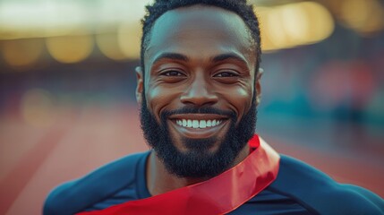 Portrait of a happy Black man crossing the finish line at a track .