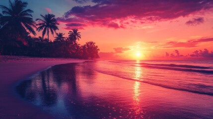 Vibrant Pink And Purple Tropical Sunset Over Ocean Beach