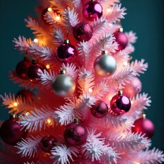 Pink and purple Christmas tree with ornaments and garlands, festive atmosphere,