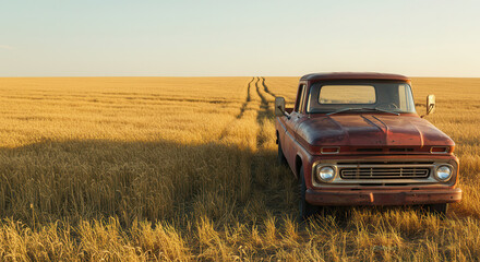 Vintage Truck on Rural Country Road Through Wheat Field at Sunset