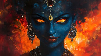 Fototapeta premium Majestic Goddess Kali Portrait with Glowing Eyes and Fiery Backdrop
