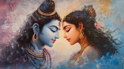 Divine Oil Painting of Lord Shiva and Parvati in Spiritual Connection, Ancient Indian Art