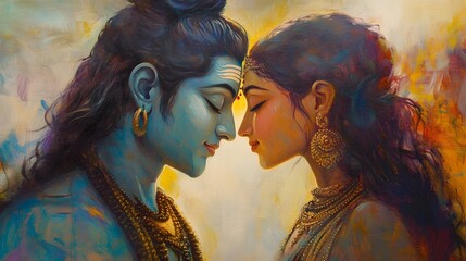 Divine Oil Painting of Lord Shiva and Parvati in Spiritual Connection