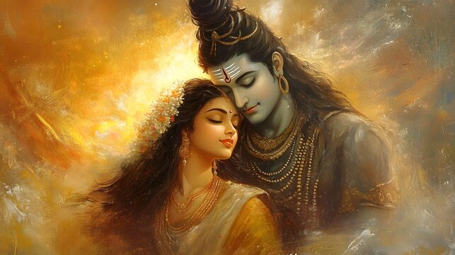 Divine Oil Painting of Lord Shiva and Goddess Parvati in Ethereal Embrace