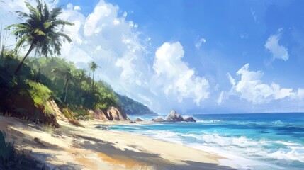 Tropical Beach Scene with Palm Trees and Blue Ocean