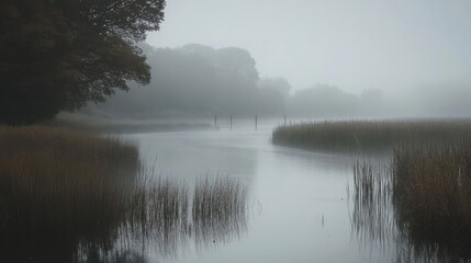 Fototapeta premium Misty Lake Morning: Calm Water Reflections
