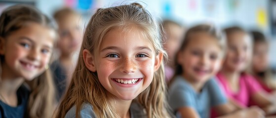 Obraz premium A young girl with blonde hair smiling brightly in a classroom filled with other children.
